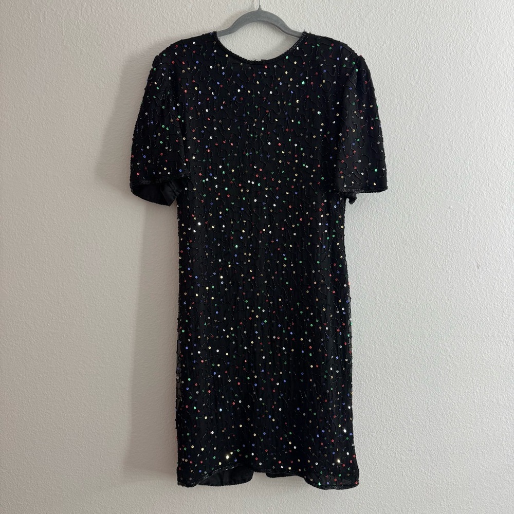 Vintage Denise Elle Holiday Christmas Sequin Black Silk Dress Size Petite Large